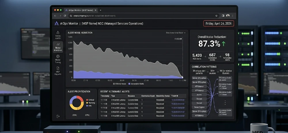 AIOps dashboard showing real-time alert noise reduction for MSPs in 2026